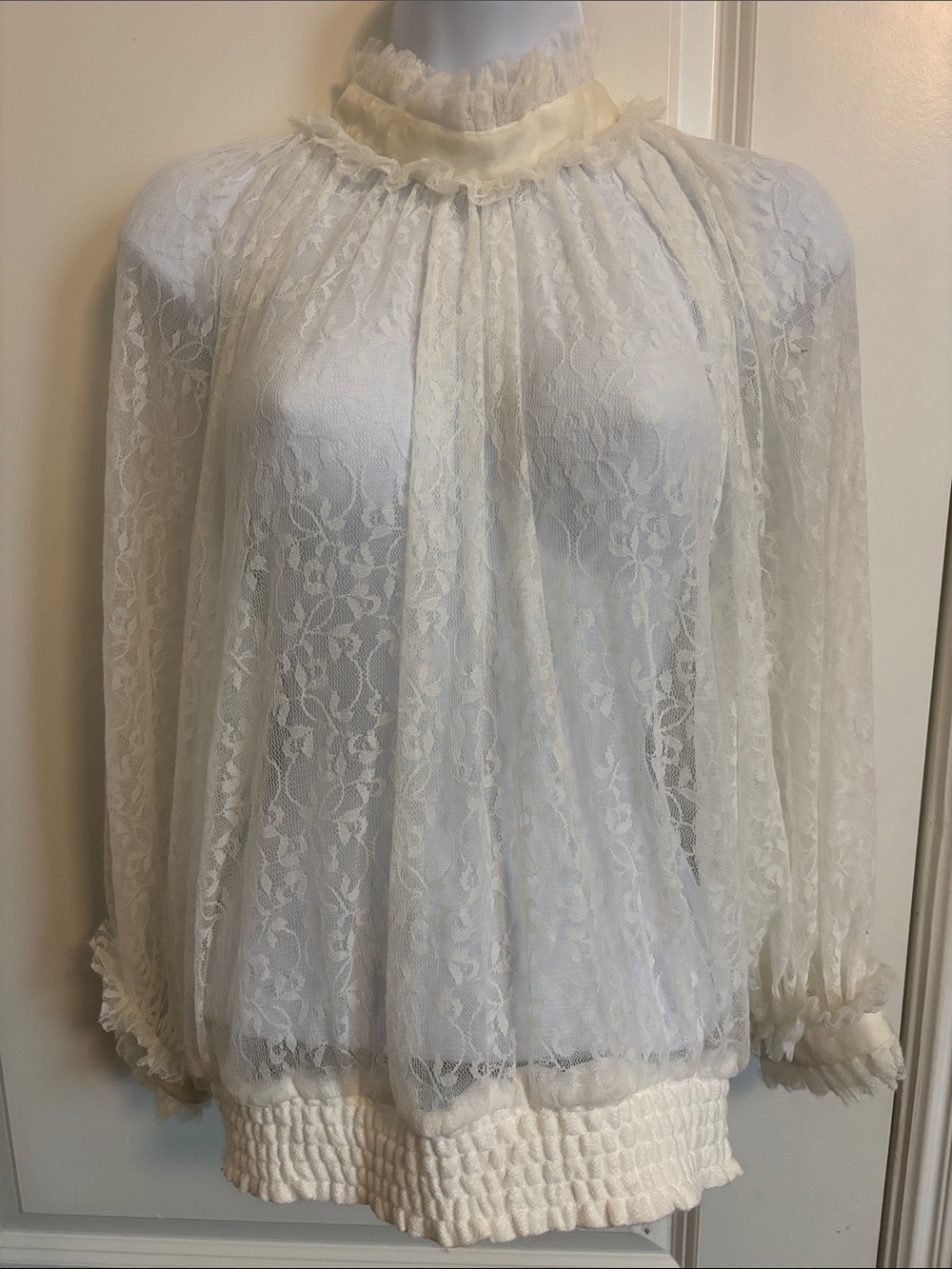 Vince Camuto Soft Ivory Lace High-Neck Blouson Blouse S #158T